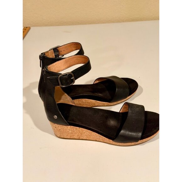 UGG Zoe II Wedge Black Leather Cork Ankle Strap Sandals Women's Size 11 Zip Back - Picture 3 of 7